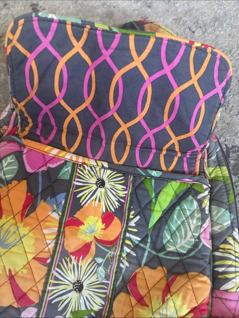 Vera Bradley Quilted Floral Backpack in Gray with Pink, Yellow & Green Accents